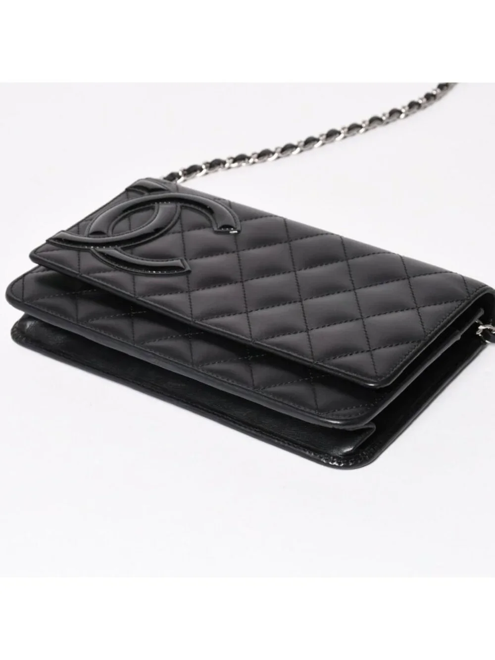 Chanel Cambon Line Chain Wallet Quilted Lambskin CC Logo Patent Black Pink
